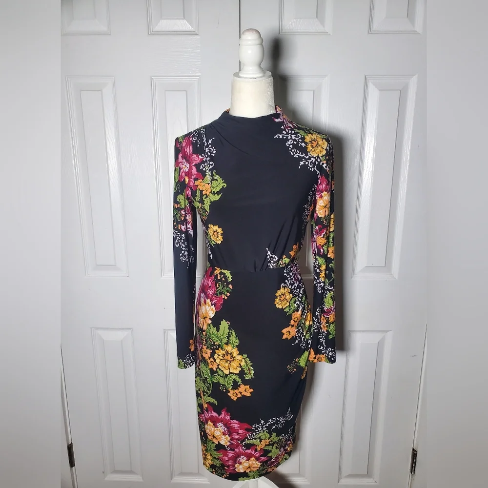 Clover and Sloane Long Sleeve Ruched Neck And Waist Lined Floral Pencil Dress - Picture 2 of 16